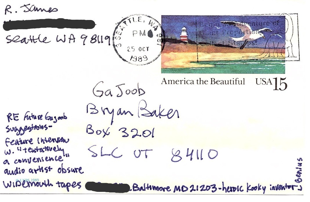 Robin James to GAJOOB (Postcard) 89 10/24
